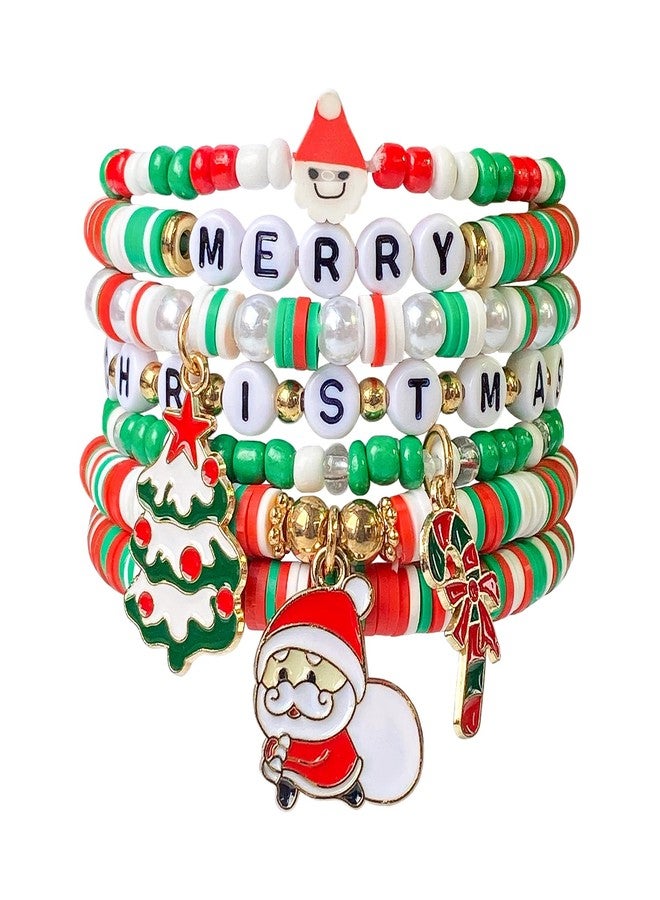 BuQueHM 7 Pcs Christmas Bracelets Heishi Surfer Bracelet Beaded Rainbow Vinyl Disc Bead Surfer Stretch Bracelet Christmas Gifts for Women Soft Clay Pearl Jewelry for Women Holidays Christmas Supplies - Image 1